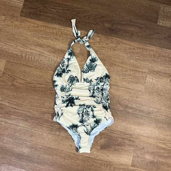 NWOT Elegant Cream & Botanical Print Halter One-Piece Swimsuit – Size M - Picture 2 of 9